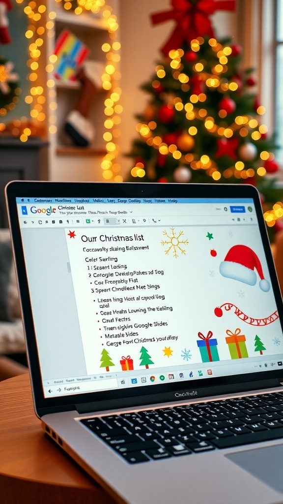 A Google Slides presentation displaying a creative Christmas list with holiday decorations on a laptop in a cozy living room.